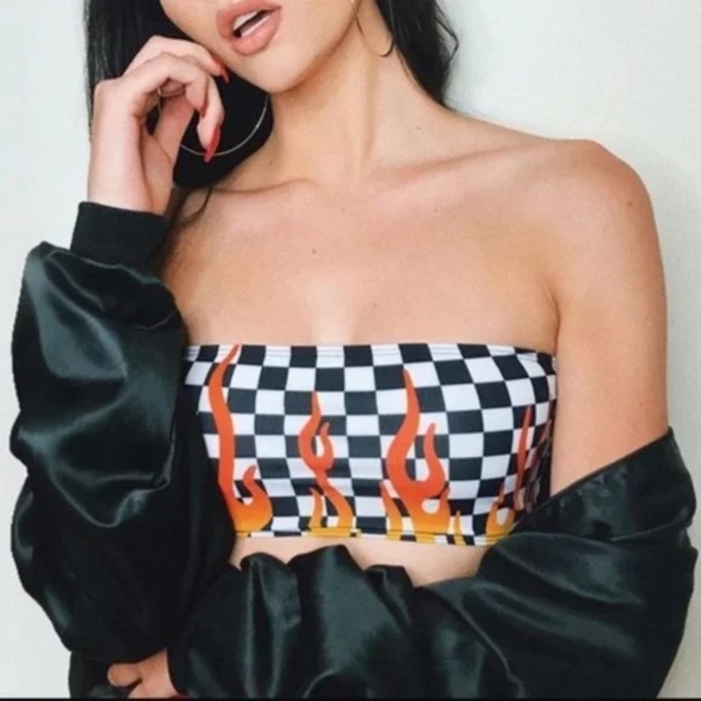 Romwe Checkered w/ Flames Tube top Size Small